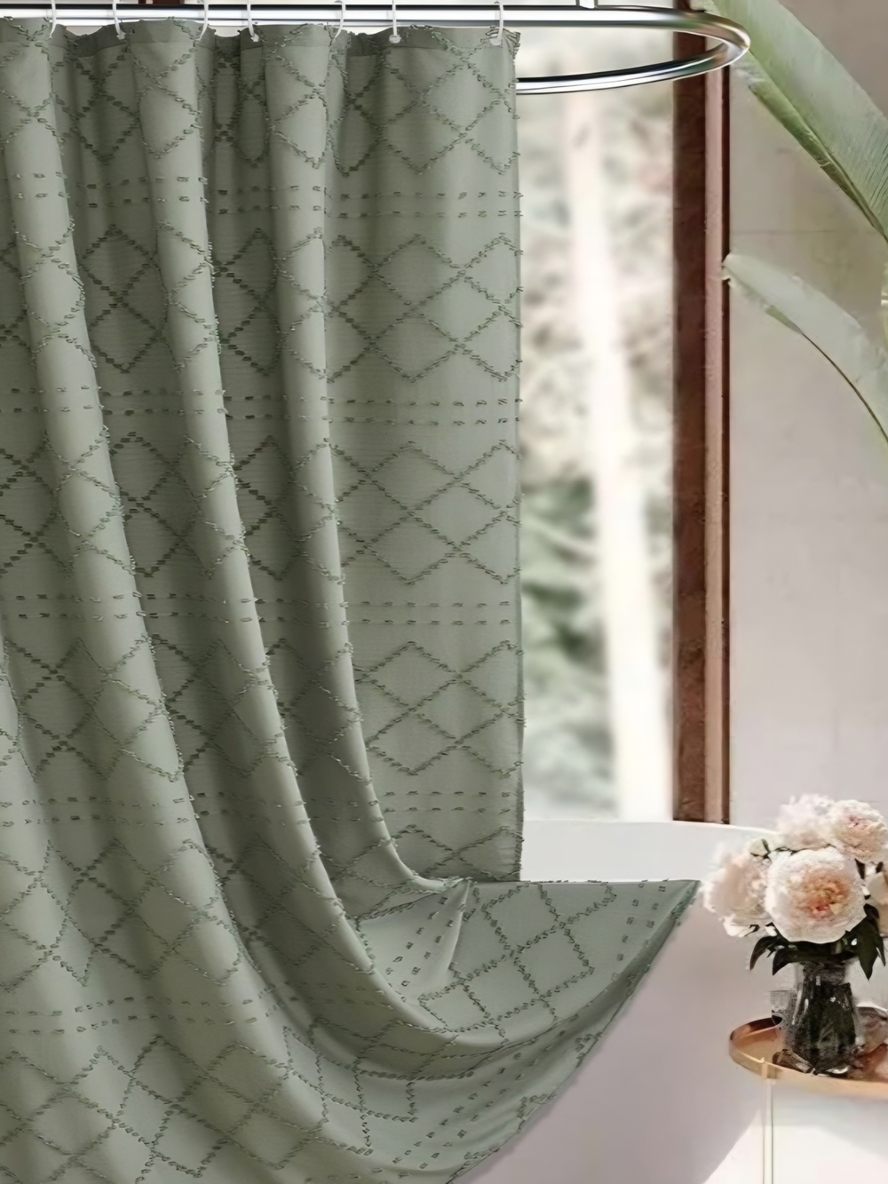 Elegant Sage Green Shower Curtain with Diamond Pattern
